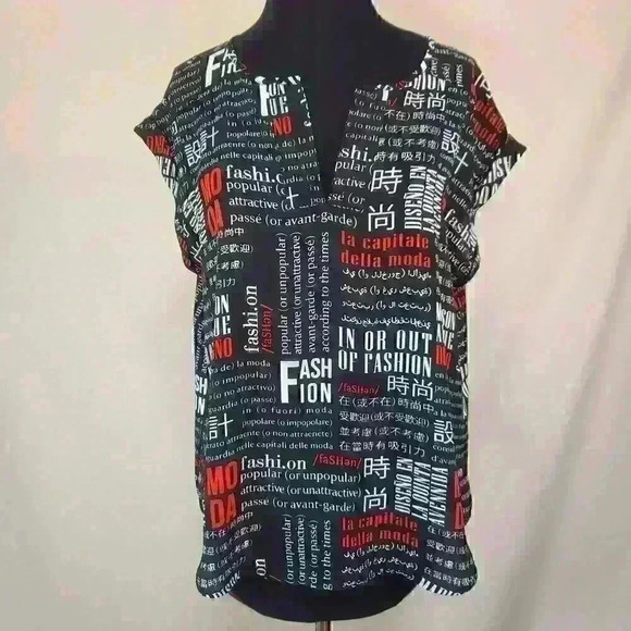 7th‎ Avenue Design Studio L Petite Fashion Print Rolled Sleeve Placket Front Top - Picture 1 of 9